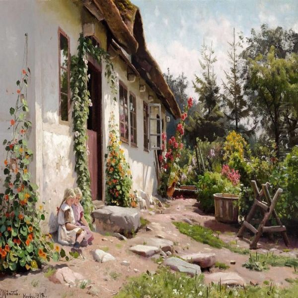 Two Little Girls Enjoy The Sunshine Oil Painting by Peder Mork Monsted