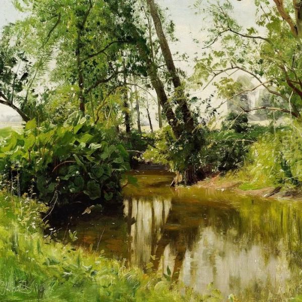 View Of S by Stream Oil Painting by Peder Mork Monsted