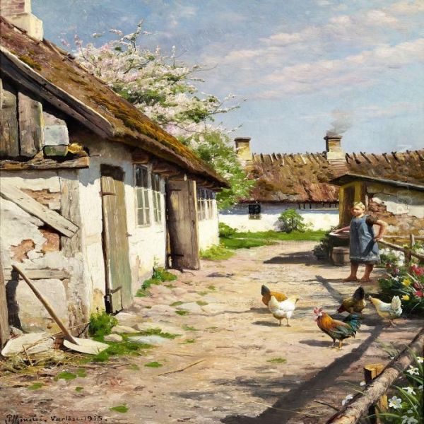 A Little Girl Is Feeding The Chickens Oil Painting by Peder Mork Monsted