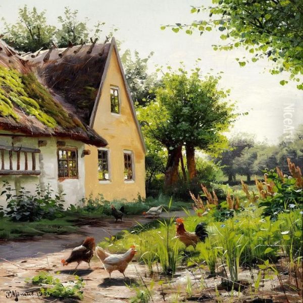 Summer Day With Chickens In The Backyard Of A Farm Oil Painting by Peder Mork Monsted