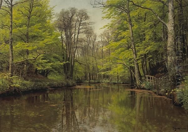 A Tranquil Forest Lake Oil Painting by Peder Mork Monsted