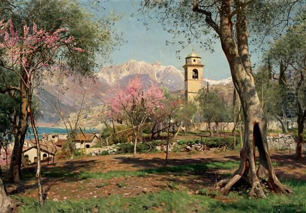 St. Andrea Church In Torbole Oil Painting by Peder Mork Monsted