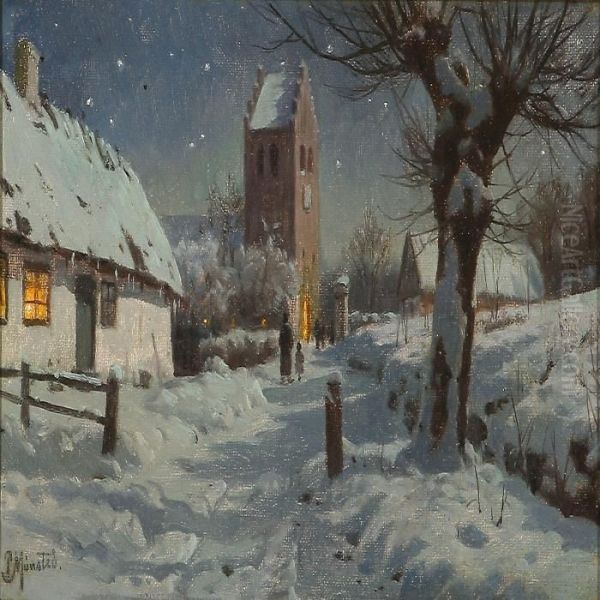 Church Visits At Christmas Time Oil Painting by Peder Mork Monsted