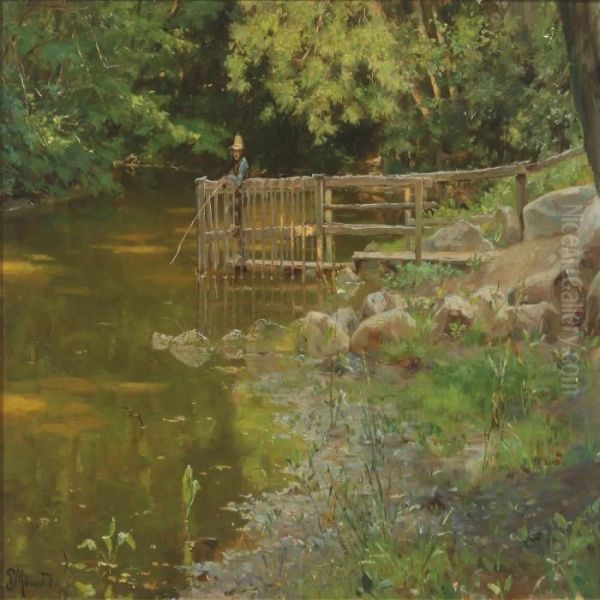 Fishing Boys Oil Painting by Peder Mork Monsted