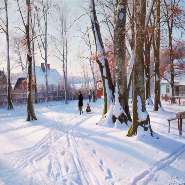 Solklar Vinterdag Ved Posemandens Hus Oil Painting by Peder Mork Monsted