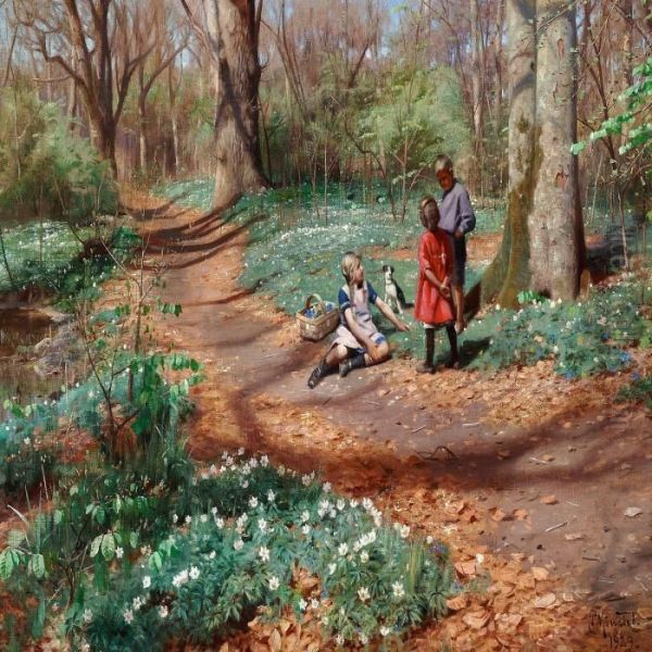 Kids Picking Anemones And Violets In A Forest With Unfolding Beeches Oil Painting by Peder Mork Monsted