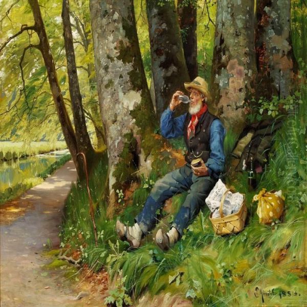 Lunch Break In The Forest Oil Painting by Peder Mork Monsted