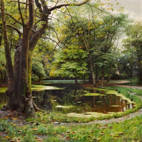 A Lake In A Park With Chestnut Trees by Peder Mork Monsted