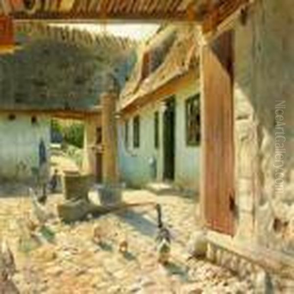 Summer Day With Geese In A Cobbled Farmyard Oil Painting by Peder Mork Monsted