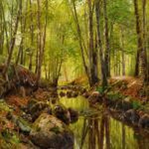 A Stream In The Woods At Springtime Oil Painting by Peder Mork Monsted