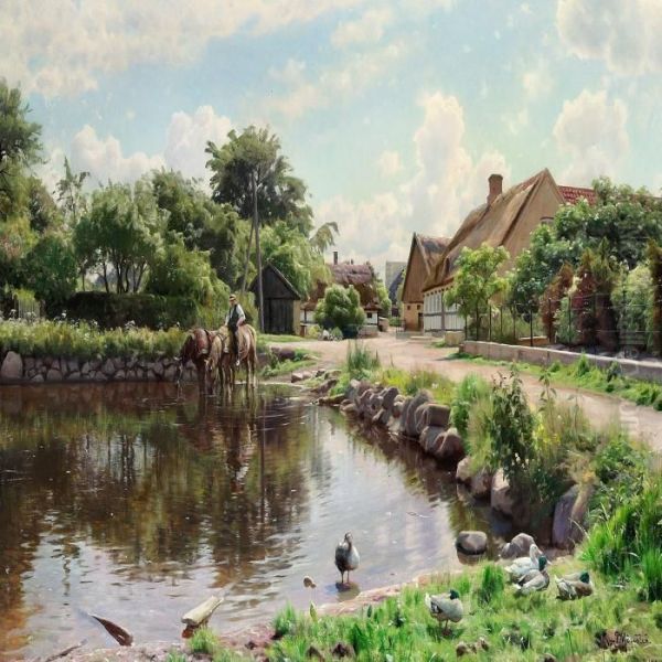 The Horses Are Being Watered In The Village Pond Oil Painting by Peder Mork Monsted