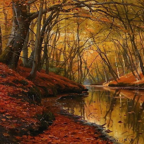 Serpentine Stream In An Autumn Forest Oil Painting by Peder Mork Monsted