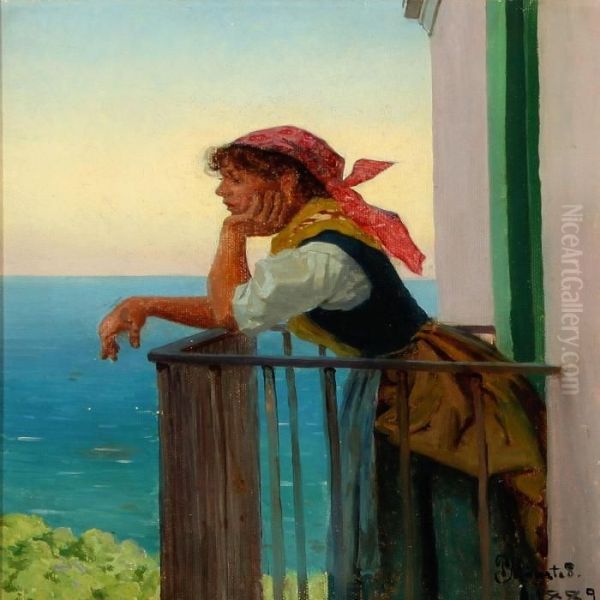 Young Italien Woman In A Balcony Oil Painting by Peder Mork Monsted