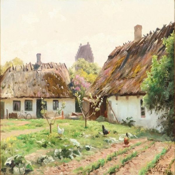 Country Houses Atglostrup Church, Denmark Oil Painting by Peder Mork Monsted