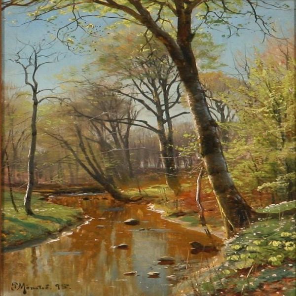 Stream Running Througha Spring Forest Oil Painting by Peder Mork Monsted