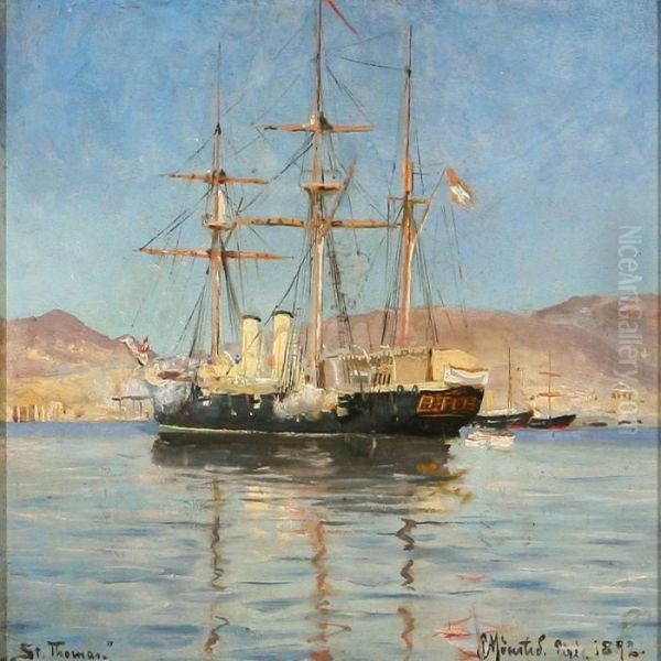 The Frigate St. Thomas In Piraeus Habour Oil Painting by Peder Mork Monsted