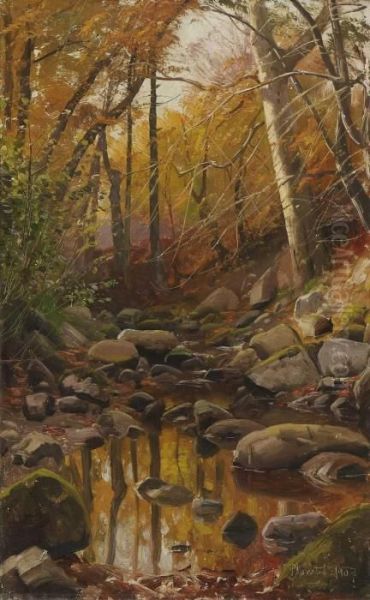 Herbstlicher Waldbach Oil Painting by Peder Mork Monsted