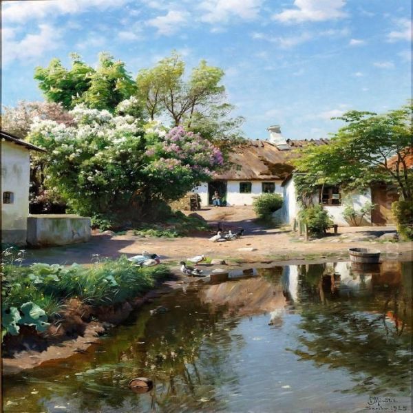 Spring Day At A Thatched House With Blooming Lilacs Oil Painting by Peder Mork Monsted