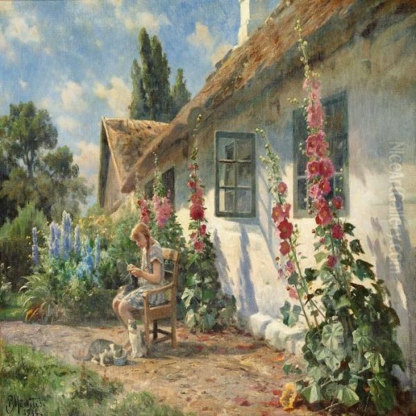 A Girl Knitting In The Sunshine Outside A White Farmhouse Oil Painting by Peder Mork Monsted