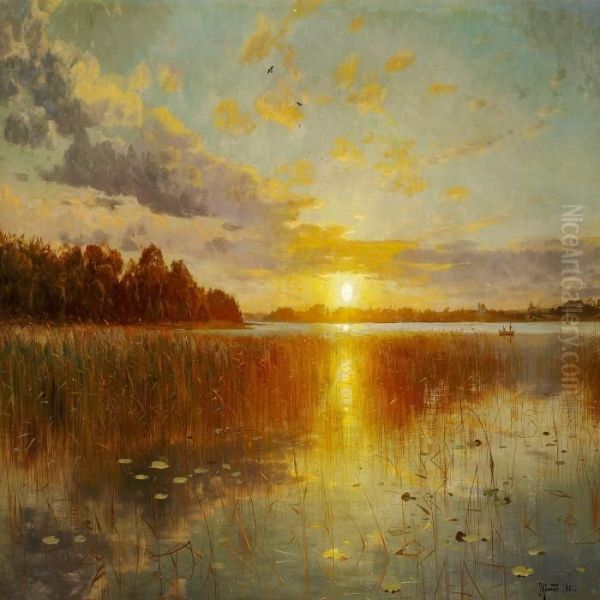 Sunset Over A Danish Fiord Oil Painting by Peder Mork Monsted