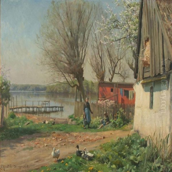 Life On A Farm By A Lake, Spring Oil Painting by Peder Mork Monsted