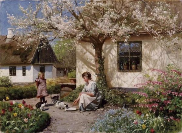 La Pappa Dei Mici Oil Painting by Peder Mork Monsted