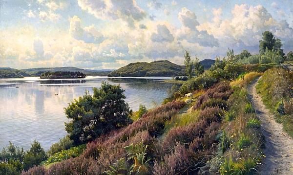 A View Of Borreso From Himmelbjerget,denmark Oil Painting by Peder Mork Monsted