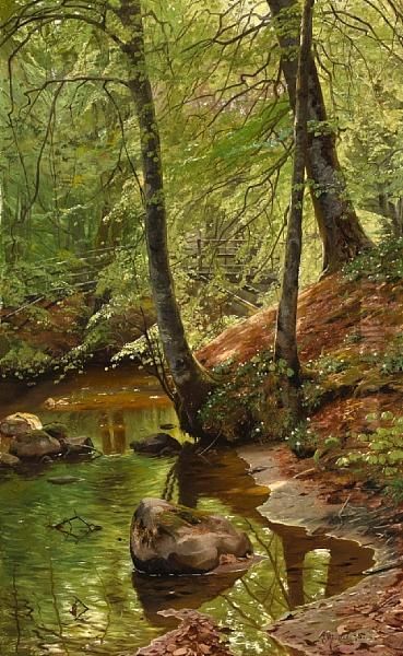 A Forest Stream Oil Painting by Peder Mork Monsted