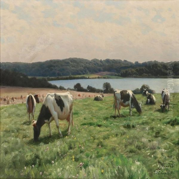 Grazing Cows At Knudsso Oil Painting by Peder Mork Monsted