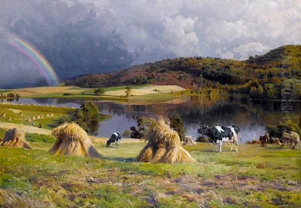 Harvesting Near Lake Thorso, Virklund,silkeborg Oil Painting by Peder Mork Monsted