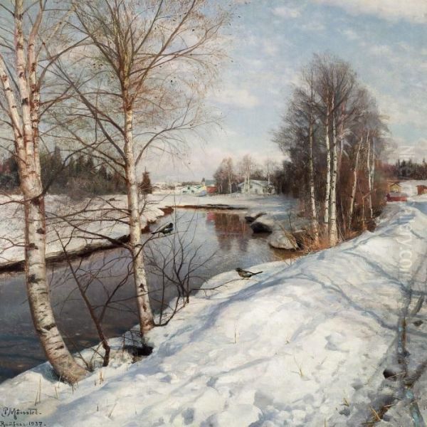 A Bright
Day With Thaw At Hundselven In Norway. Oil Painting by Peder Mork Monsted