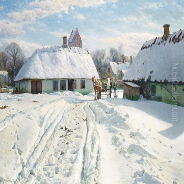 Winter Day In The Villagewith A Church In The Background Oil Painting by Peder Mork Monsted