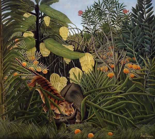 Fight Between A Tiger And A Buffalo Oil Painting by Henri Julien Rousseau