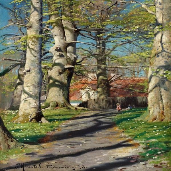 View Of Fredensborg Withchildren On A Path In The Woods by Peder Mork Monsted