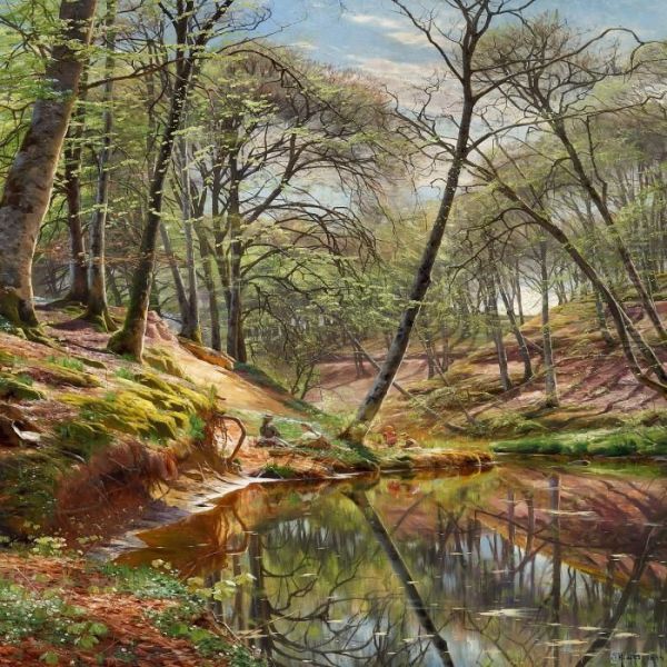 Children On A Picnic Inthe Woods Oil Painting by Peder Mork Monsted