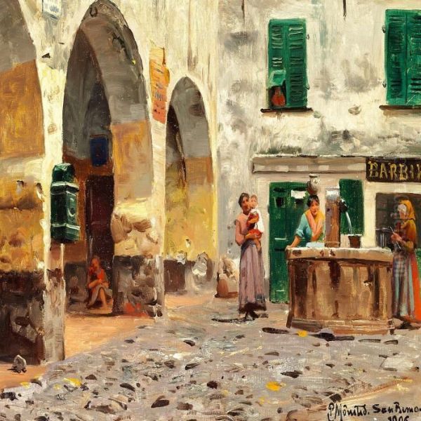 Italian Women At Afountain On A Square In San Remo Oil Painting by Peder Mork Monsted