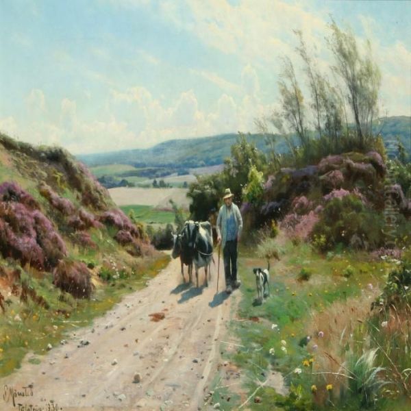 Landscape With Farmer, Dog And Cows On A Sunken Road Oil Painting by Peder Mork Monsted