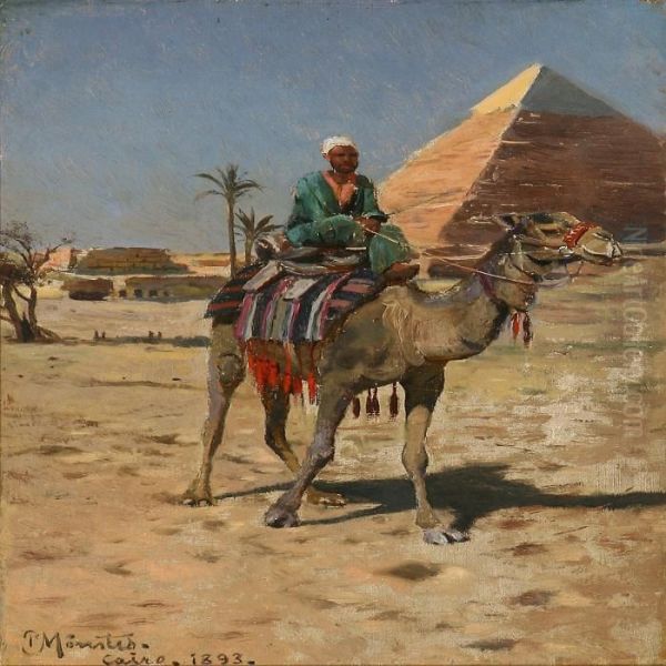 Bedouin Riding On A Camel Near A Pyramid Oil Painting by Peder Mork Monsted