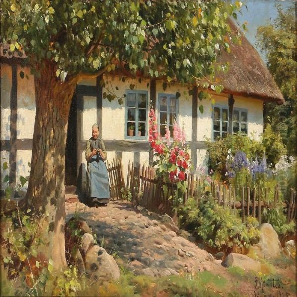 Grandmother Crochetingon A Summer Day Oil Painting by Peder Mork Monsted