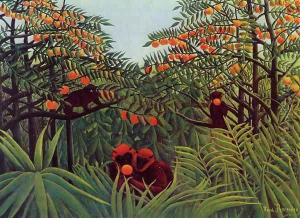 Apes In The Orange Grove Oil Painting by Henri Julien Rousseau