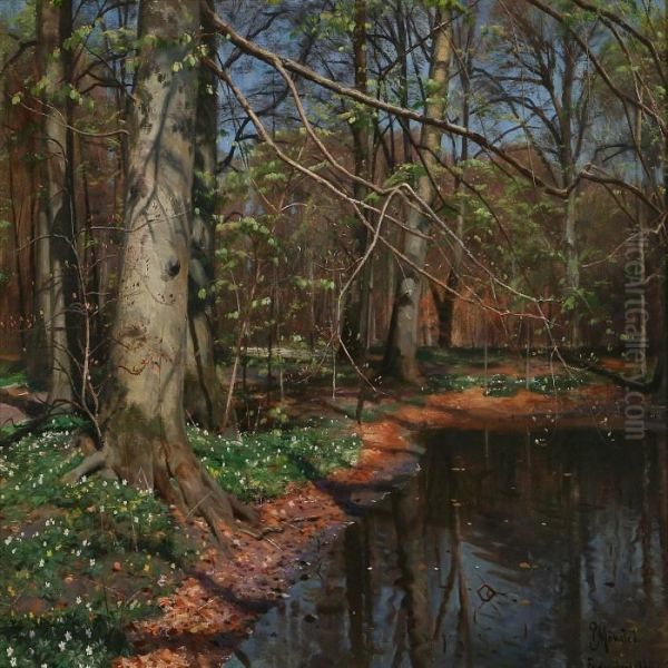 A Forest Lake Oil Painting by Peder Mork Monsted