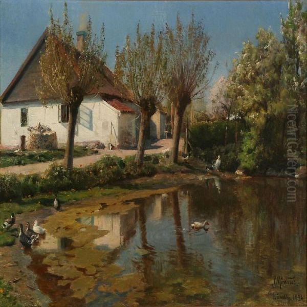 At The Village With Apond In Lundby Oil Painting by Peder Mork Monsted