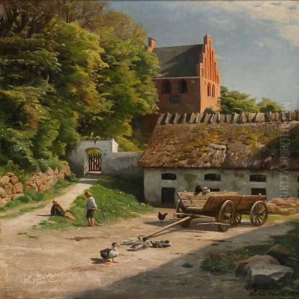 Summer Day Withchildren At The Church In Kirke Vaerlose Oil Painting by Peder Mork Monsted