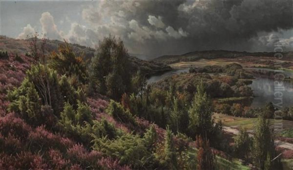 The Heather Hills By The Lakes Near Silkeborg Oil Painting by Peder Mork Monsted