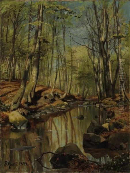 A Wooded River Landscape Oil Painting by Peder Mork Monsted