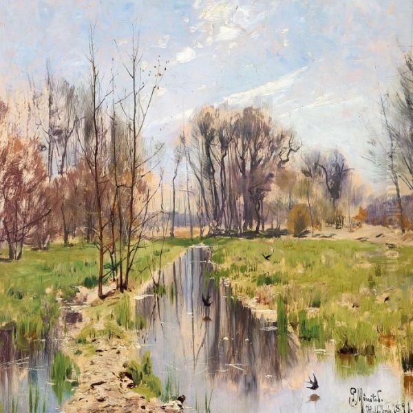 A Day In Early Spring Near Hellebaek Oil Painting by Peder Mork Monsted