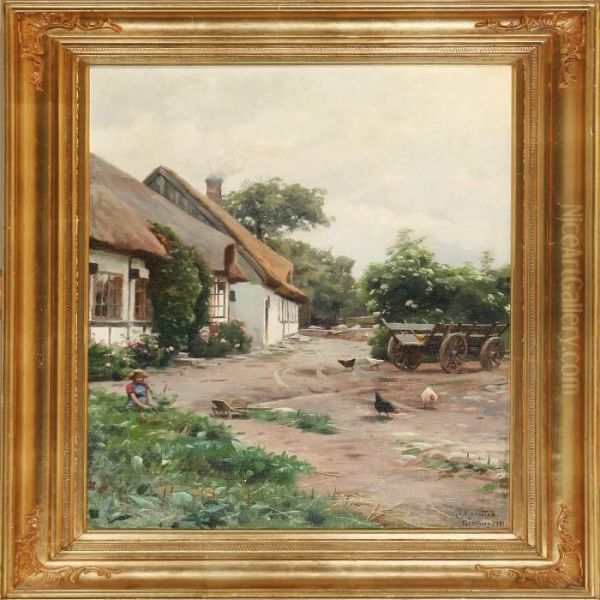 Farm Exterior With Alittle Girl Playing In The Grass Oil Painting by Peder Mork Monsted