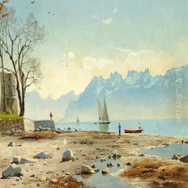 Springtime At Lac Leman In Switzerland Oil Painting by Peder Mork Monsted