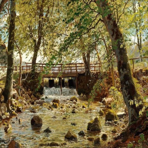 A Roaring Stream Under A Bridge In The Woods Oil Painting by Peder Mork Monsted