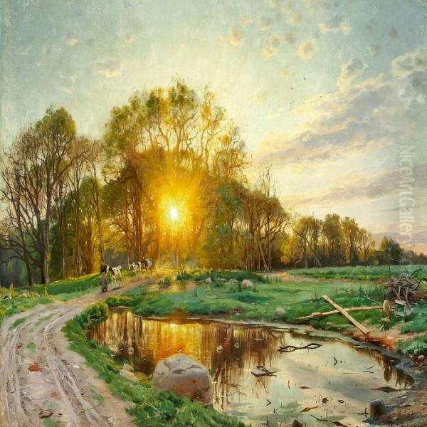 The Sun Sets Behind The Trees, Summer Oil Painting by Peder Mork Monsted